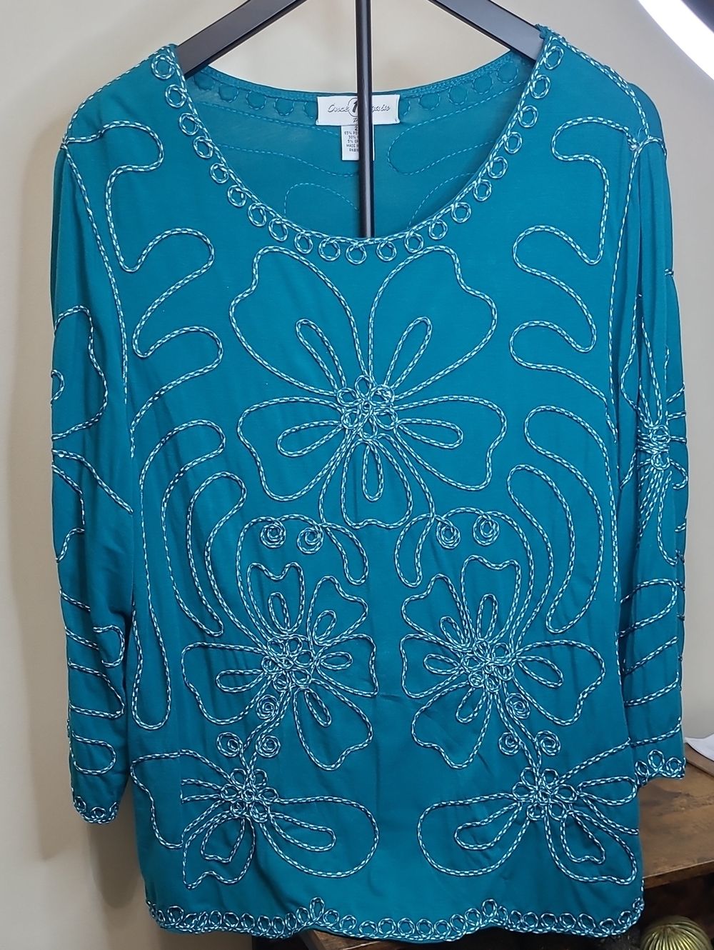 Once Again Teal & White Embroidered Floral Blouse with Subtle Scalloped Hem - 2X